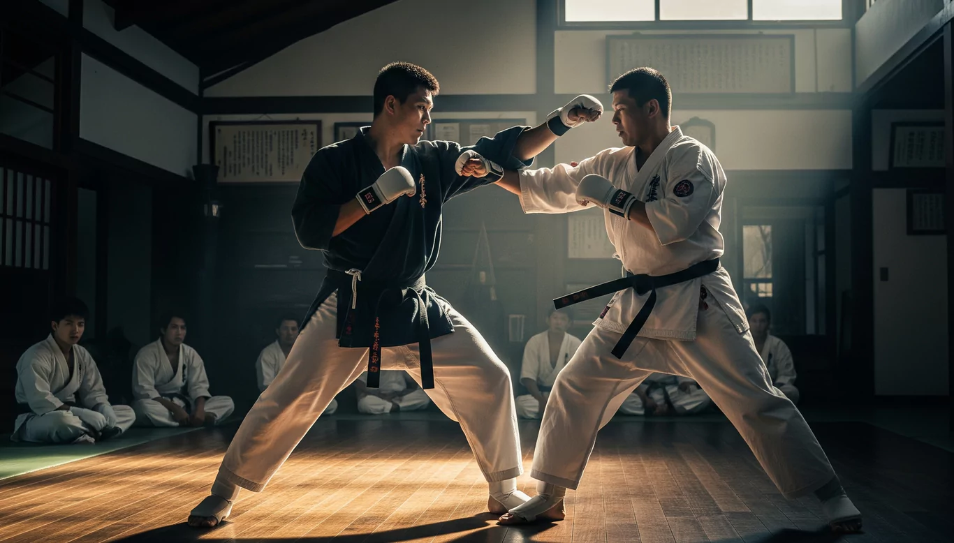 Dwóch mężczyzn w białych i czarnych kimonach trenuje karate, zacięcie wymieniając ciosy. W tle widać jasne światło i obserwujących ich uczniów siedzących na macie.