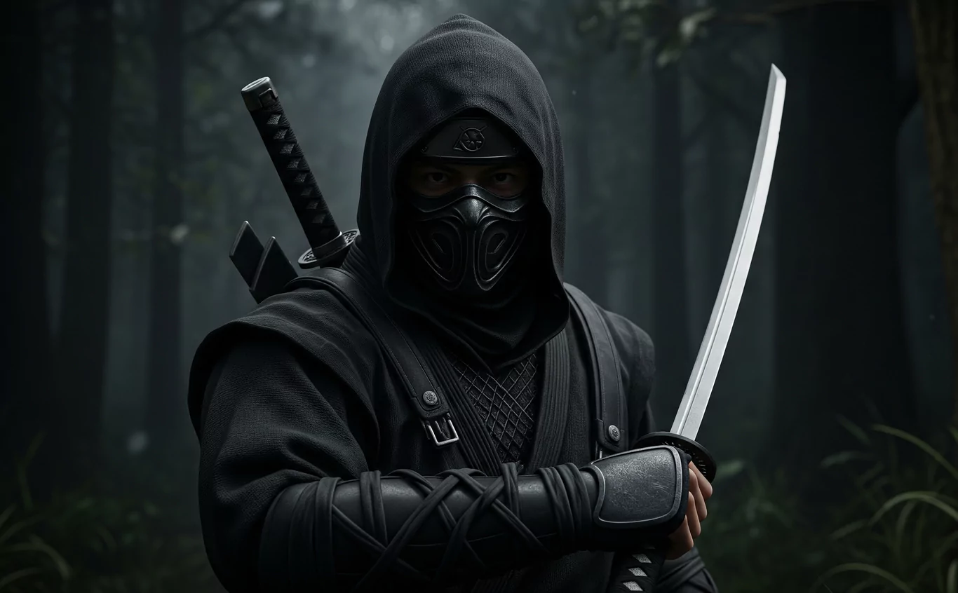 Ninja w czarnym stroju trzyma miecz, stojąc w mrocznym lesie. Na plecach ma drugie ostrze, a jego twarz ukryta jest pod maską.