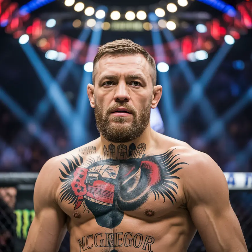 Conor McGregor w oktagonie, gotów do walki, na tle areny UFC