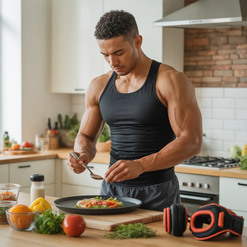 Osoba trenująca sporty walki przygotowująca zdrową potrawę w kuchni