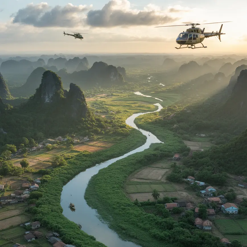 Aerial photo of Vietnam War: American helicopters flying over jungle and river, symbolizing conflict's complexity
