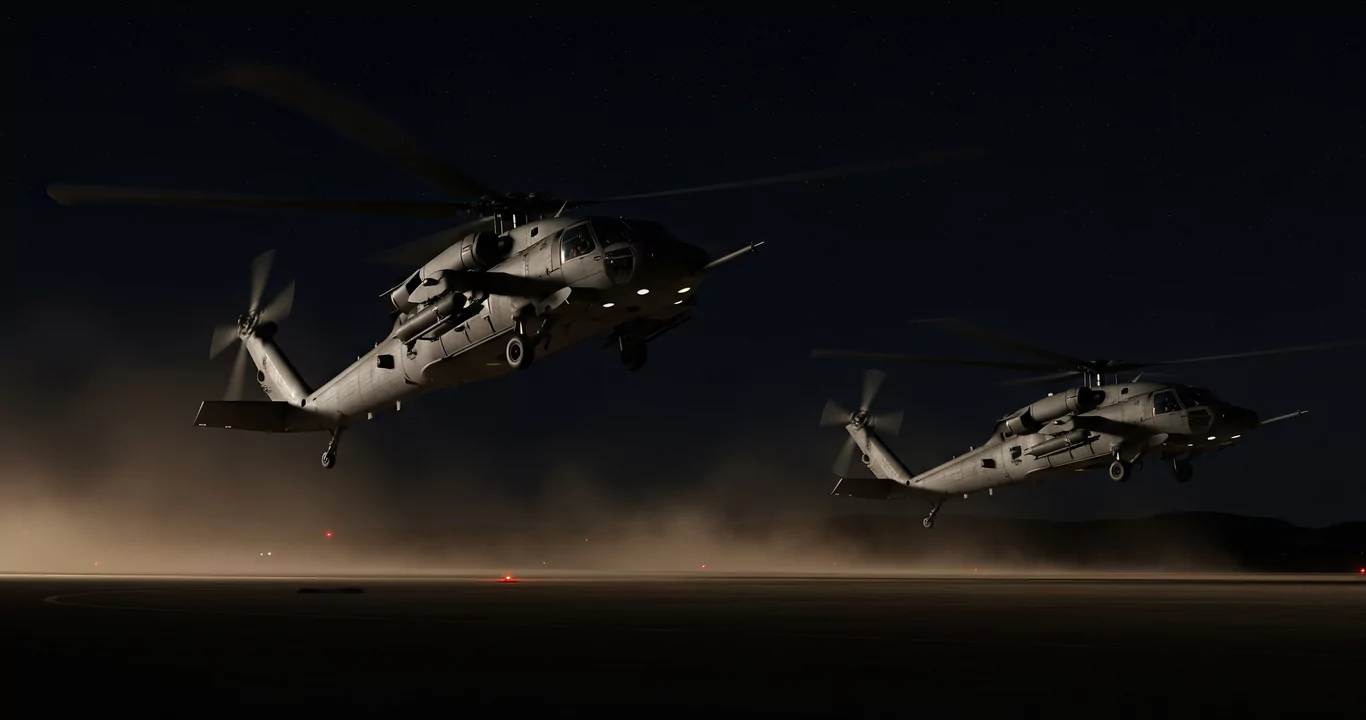 Helikoptery unoszą się w powietrzu, wydobywając kurz nad ciemnym lotniskiem nocą. W tle widać rozgwieżdżone niebo oraz delikatne światła na horyzoncie.