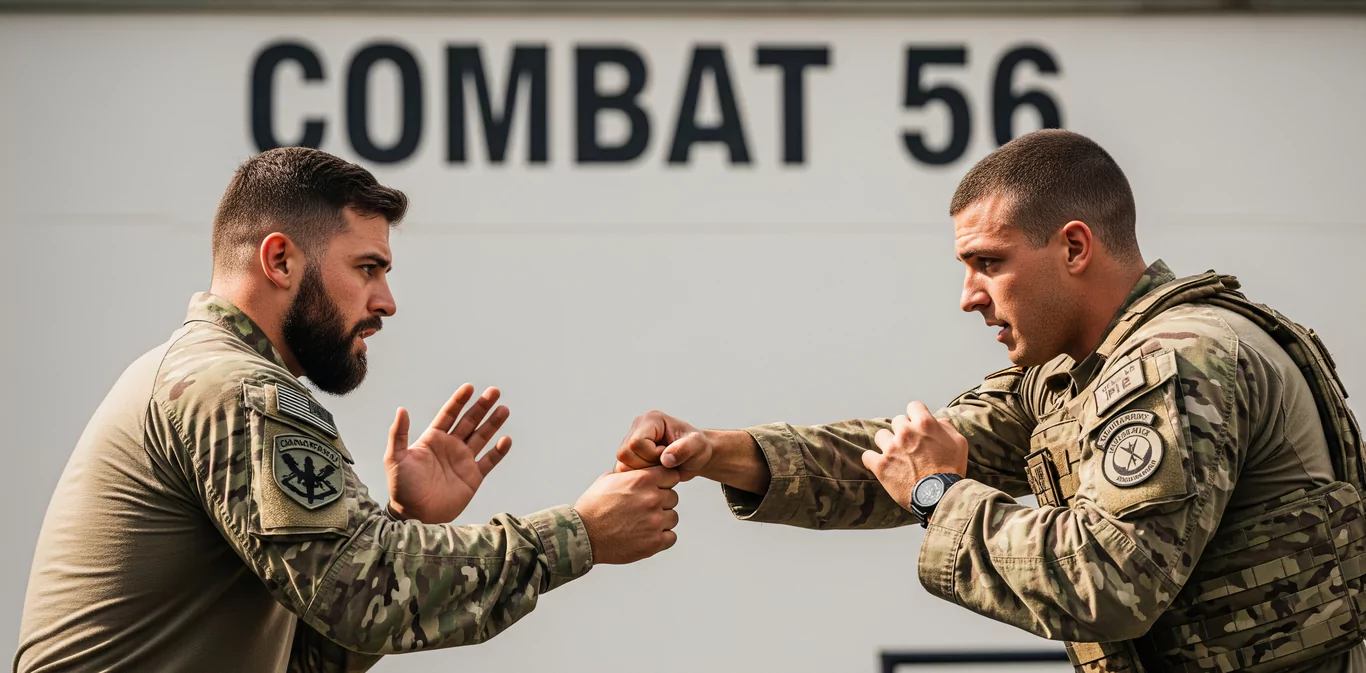 Dwóch mężczyzn w mundurach wojskowych ćwiczy sztuki walki, stojąc naprzeciwko siebie. W tle biały budynek z czarnym napisem "COMBAT 56".