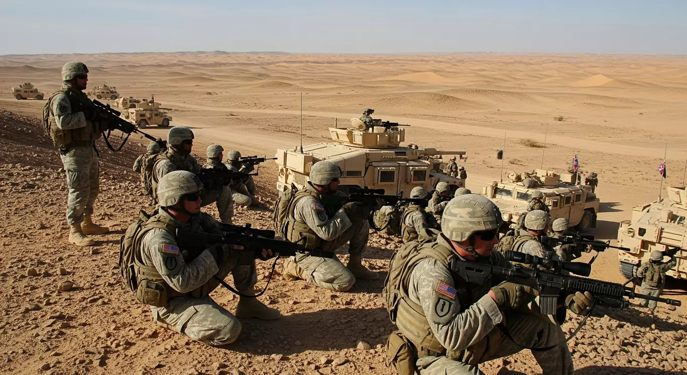 Wielonarodowe oddziały sił specjalnych oraz pojazdy wojskowe podczas operacji Iraqi Freedom na pustyni