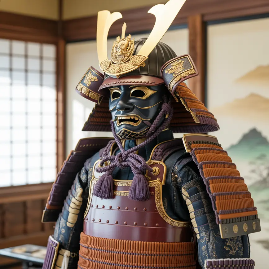 Detale bogato zdobionej zbroi yoroi – kabuto, stalowe płyty i emblematy klanowe, ekspozycja w japońskim wnętrzu