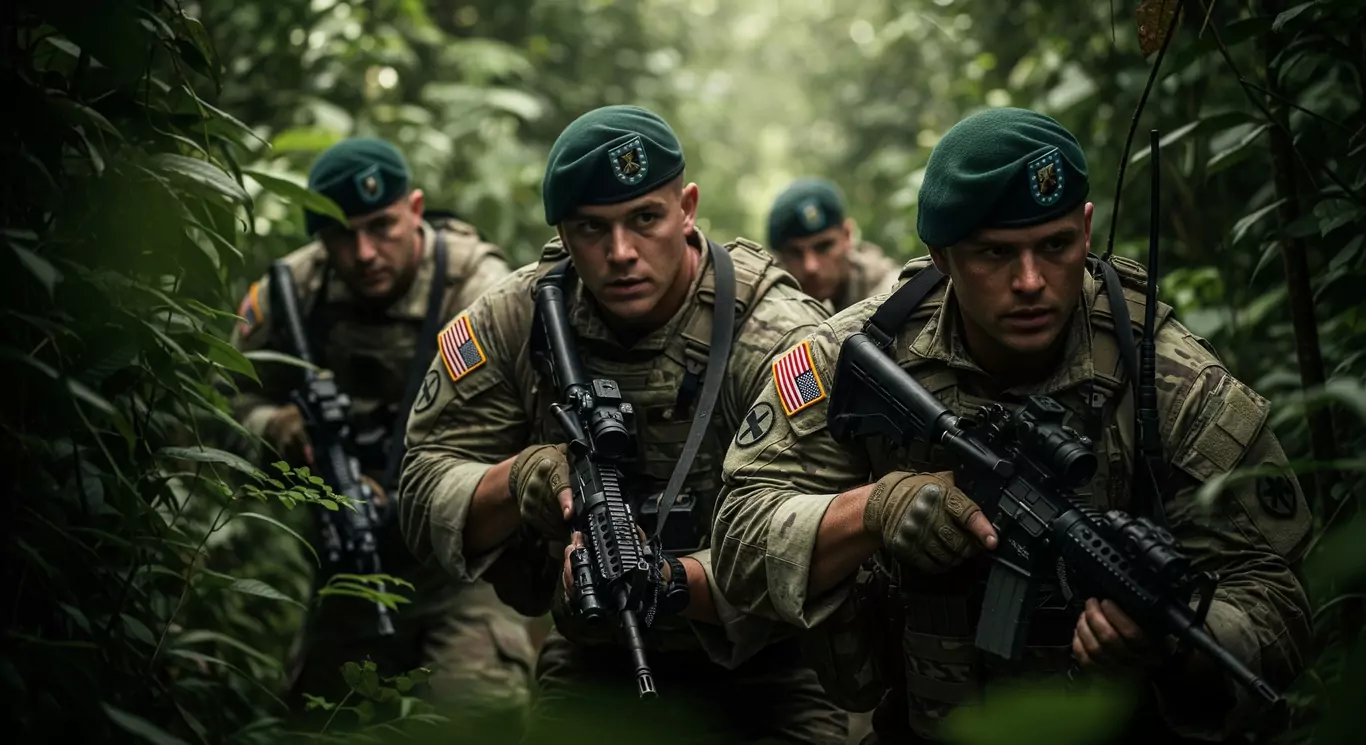 Żołnierze w zielonych beretach idą w skupieniu przez gęstą dżunglę, dzierżąc broń. Na ramionach mają naszywki z flagą USA, otoczeni bujną roślinnością.