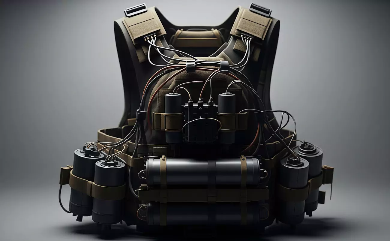 Kamizelka taktyczna z licznymi podczepionymi cylindrycznymi ładunkami i widocznymi kablami. Całość jest osadzona w neutralnym, szarym tle, podkreślając ciemne, militarne barwy kamizelki.