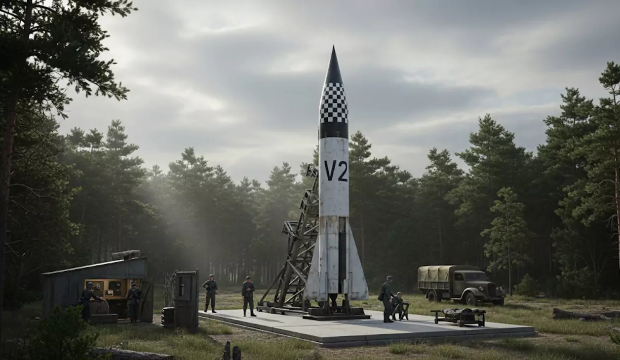 Rakieta oznaczona "V2" stoi gotowa do startu na platformie w lesie, otoczona przez kilka osób w mundurach, z ciężarówką i stacją kontrolną w tle.