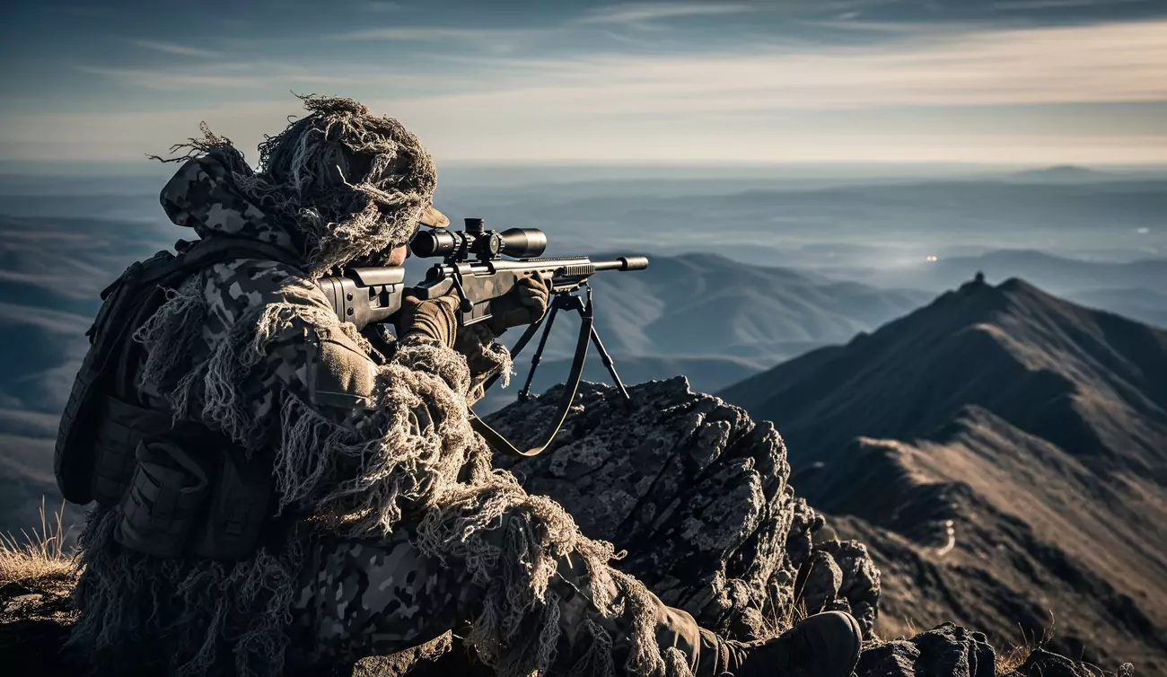 Snajper w stroju maskującym celuje z karabinu na górskim szczycie, z widokiem na rozległe pasma górskie na horyzoncie.