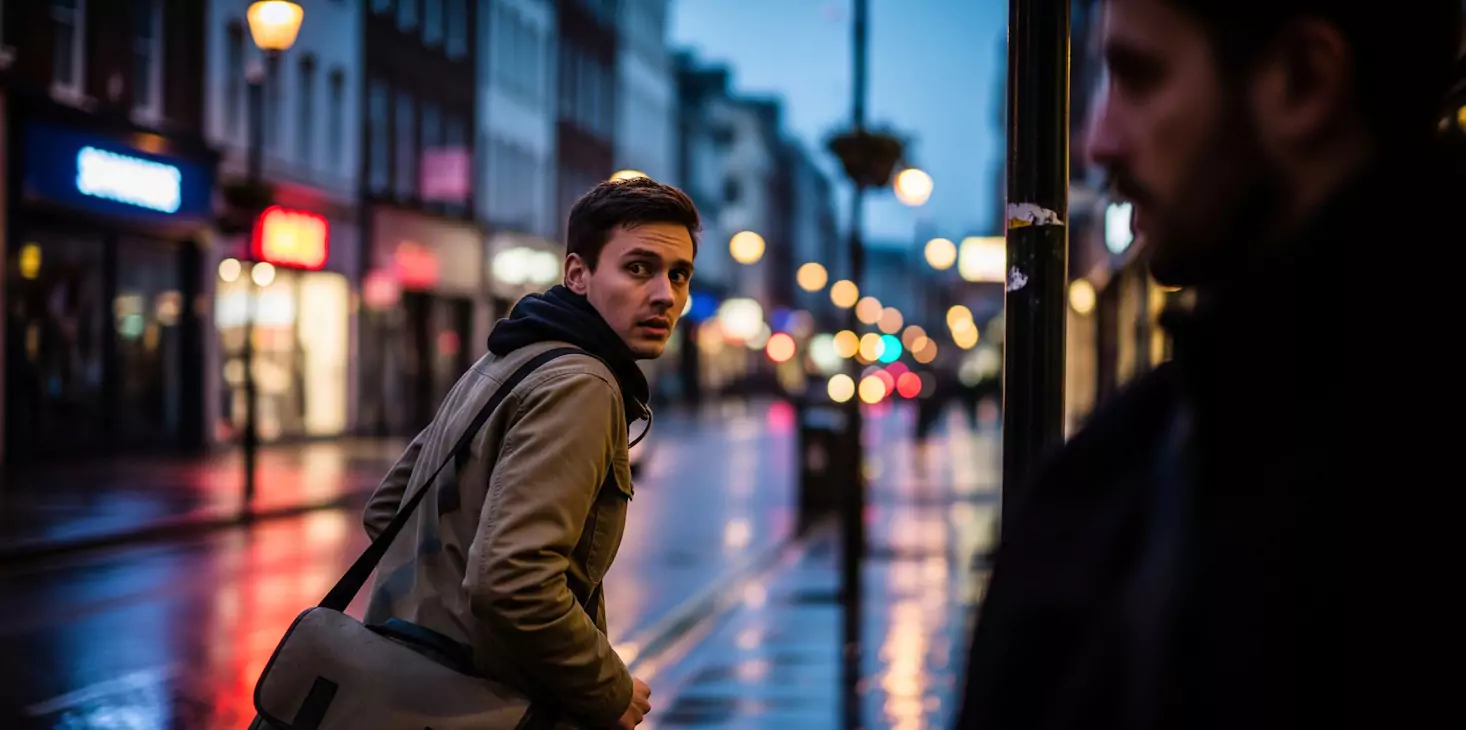 Mężczyzna patrzy za siebie podczas spaceru wieczorem po mokrej, oświetlonej ulicy miasta. Drugi mężczyzna jest rozmyty na pierwszym planie. Światła sklepów migoczą w tle.