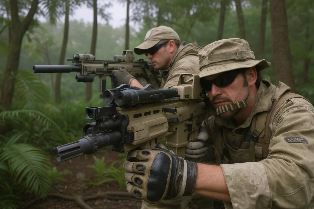 Żołnierze w kamuflażu celują z karabinów maszynowych, ukryci w lesie wśród zielonych drzew i paproci, w gotowości do strzału.