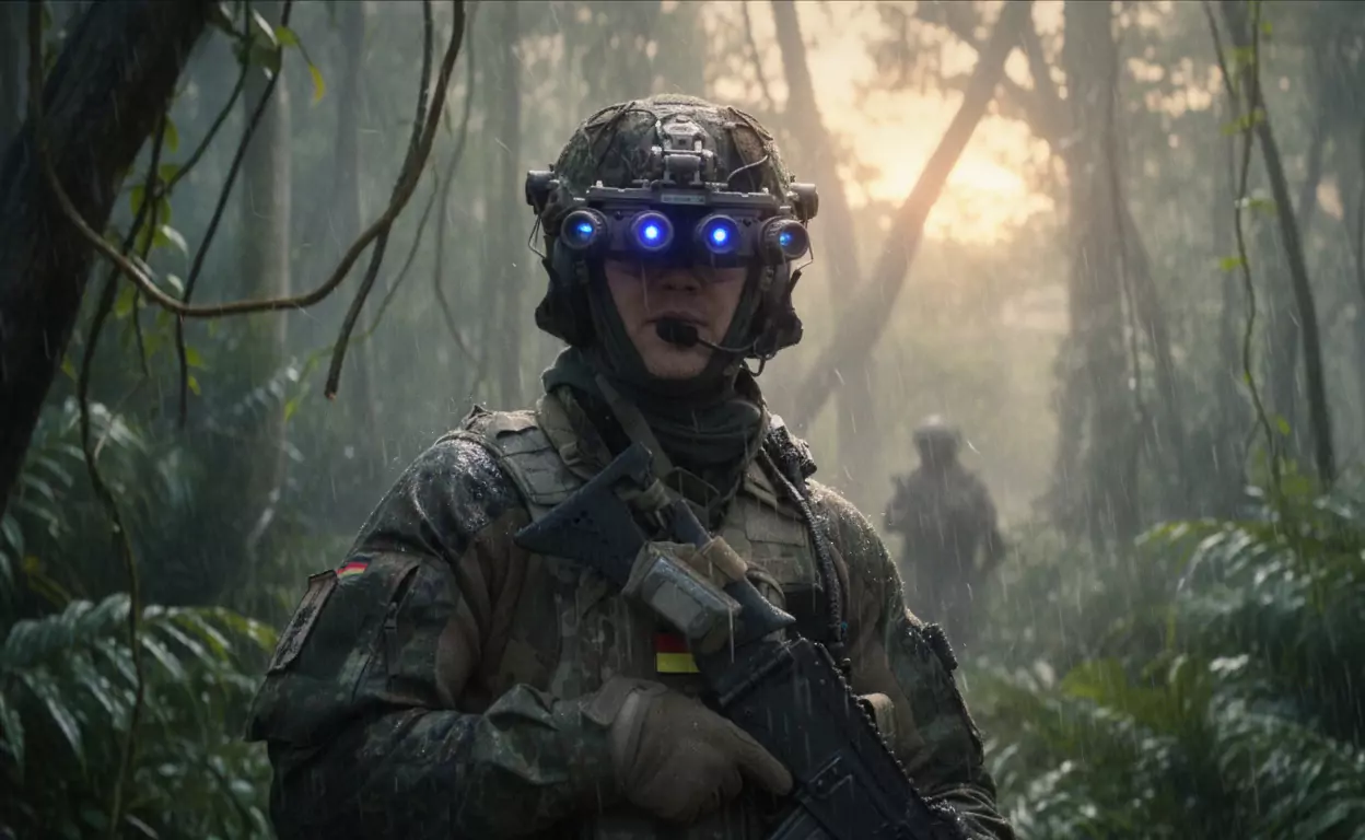 Żołnierz w kamuflażu, noszący hełm z niebieskimi światłami noktowizyjnymi, stoi w dżungli podczas deszczu, trzymając karabin. W tle widać inne sylwetki i gęstą roślinność.