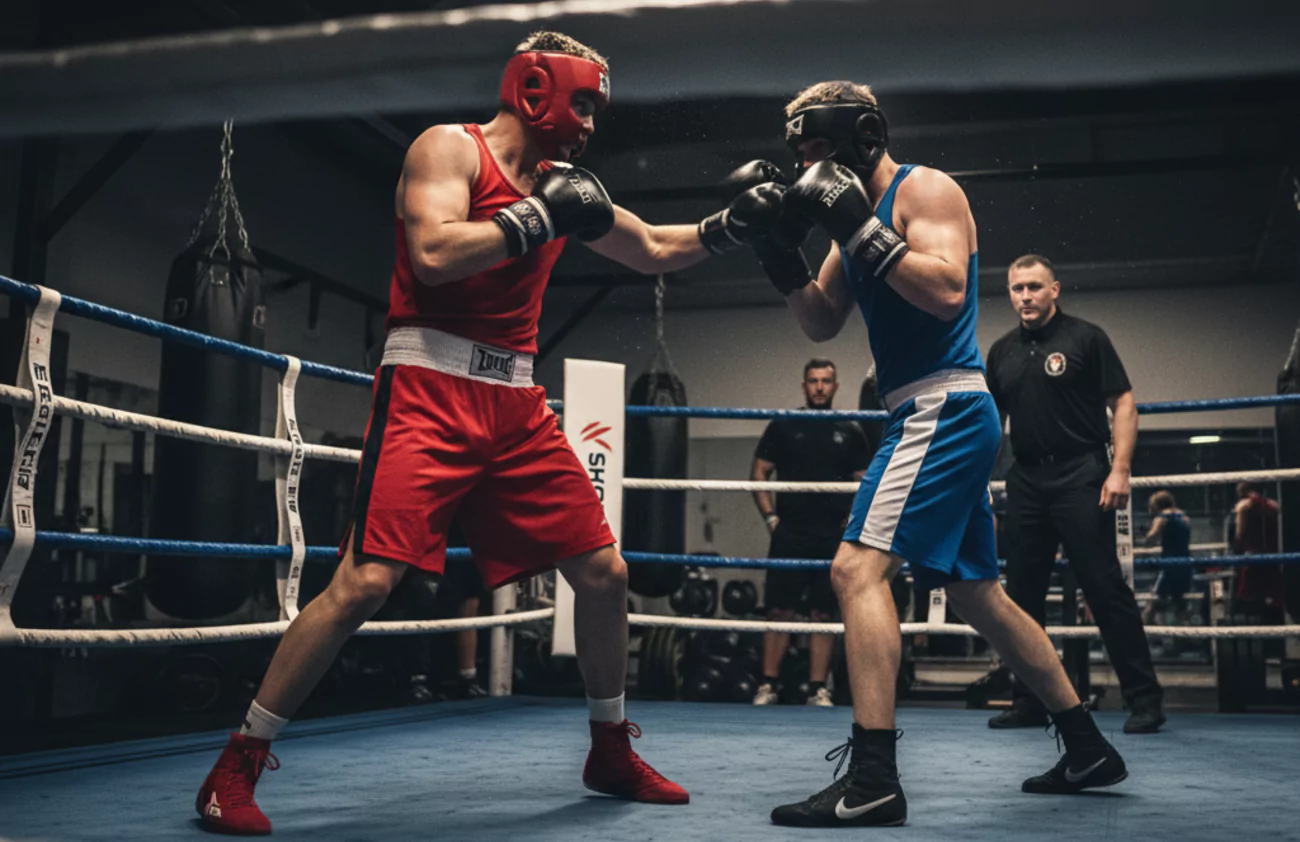 Dwóch bokserów w czerwonym i niebieskim stroju walczy na ringu. W tle widoczni sędzia i obserwatorzy, w sali sportowej z linami bokserskimi i sprzętem treningowym.
