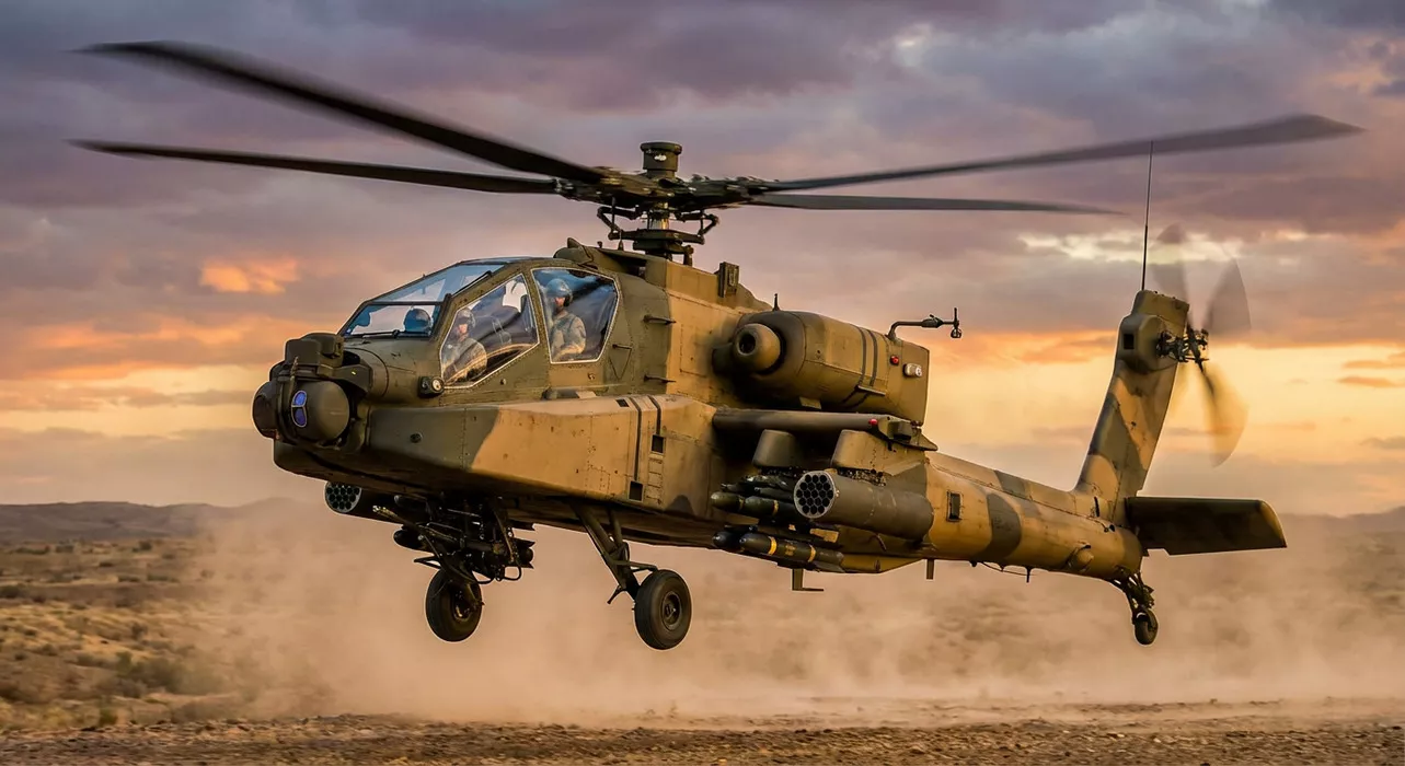 Śmigłowiec bojowy wznosi się nad pustynnym terenem, unosząc kurz. W tle widać niebo o zachodzie słońca z pomarańczowymi i fioletowymi chmurami.