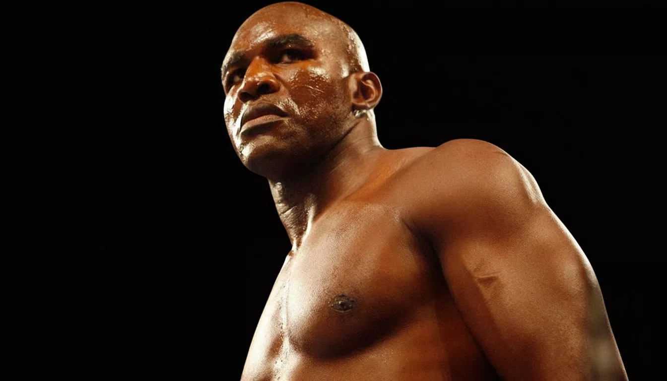 Mężczyzna spogląda intensywnie w lewo, jego błyszcząca od potu skóra kontrastuje z ciemnym tłem. Jest dobrze zbudowany i zdeterminowany, co sugeruje kontekst sportowy.