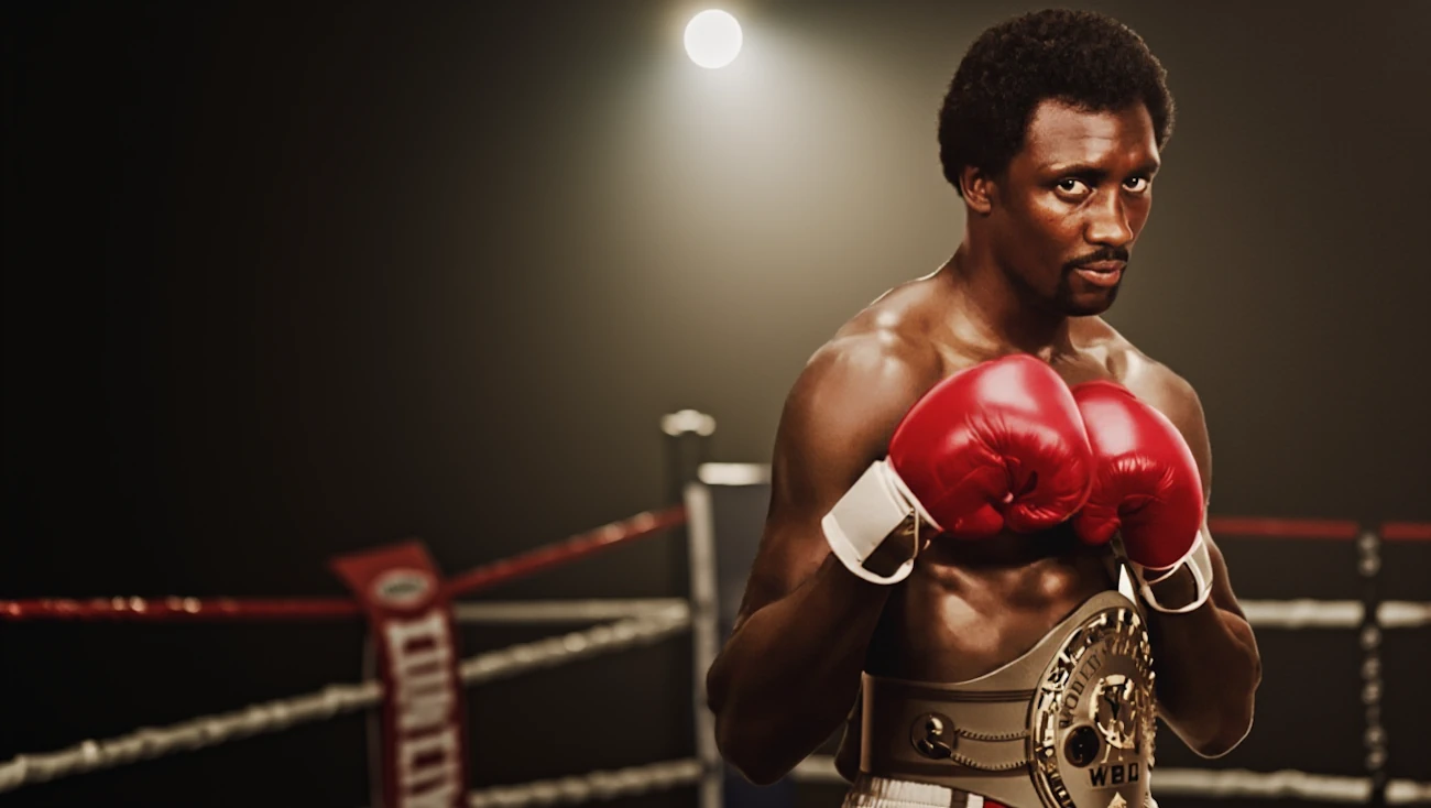 Bokser w czerwonych rękawicach w pozycji gotowości. Stoi w ringu, nosząc mistrzowski pas WBC, dookoła rozmyte tło i intensywne oświetlenie.