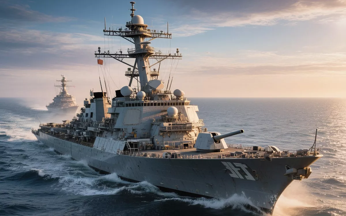 Okręt wojenny płynie przez spokojne morze, a w oddali widoczny jest drugi statek. Niebo jest częściowo pochmurne, oświetlone promieniami słońca.