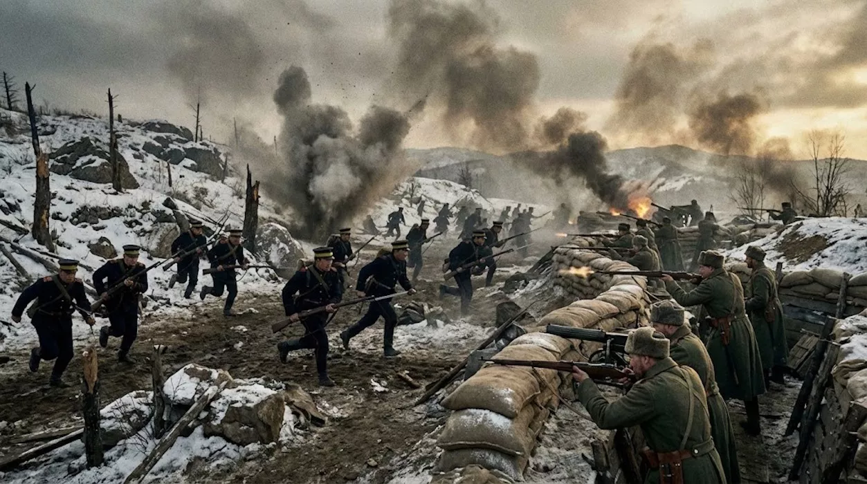 Żołnierze wymieniają ogień i atakują w śnieżnym, górskim terenie. Dym i eksplozje tworzą dramatyczną atmosferę bitwy. Scena przedstawia intensywne działanie wojskowe w trudnych warunkach pogodowych.