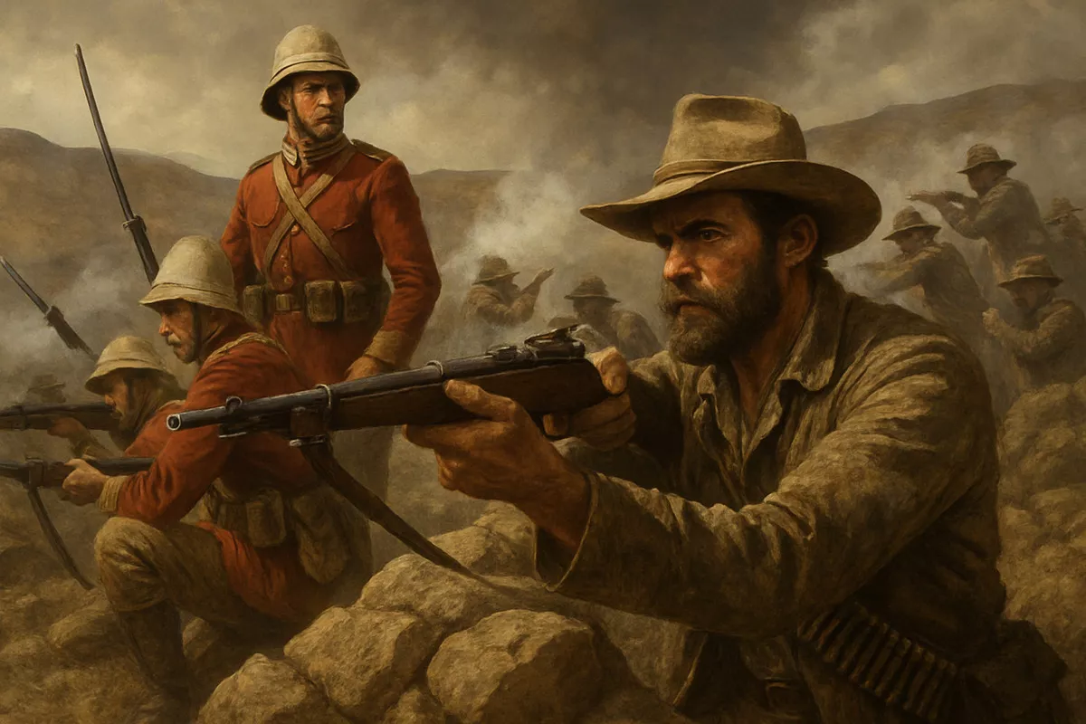 Żołnierze w hełmach i mundurach celują z karabinów. Jeden stoi, inni klęczą. Tło to dym i góry, tworzące atmosferę bitwy.
