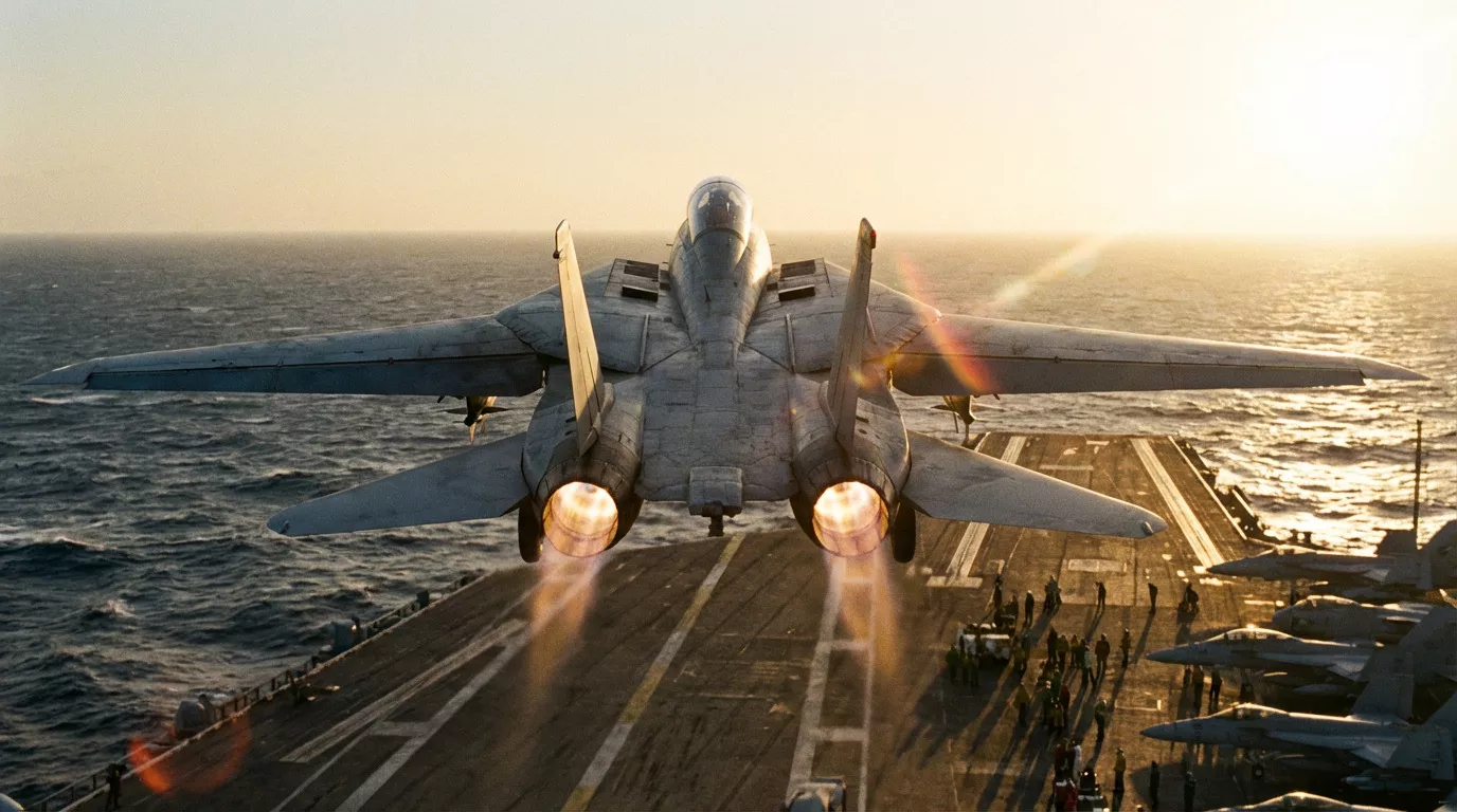 Samolot odrzutowy startuje z pokładu lotniskowca, unosząc się nad oceanem o zachodzie słońca. W oddali widoczni są ludzie i inne samoloty ustawione na pokładzie.