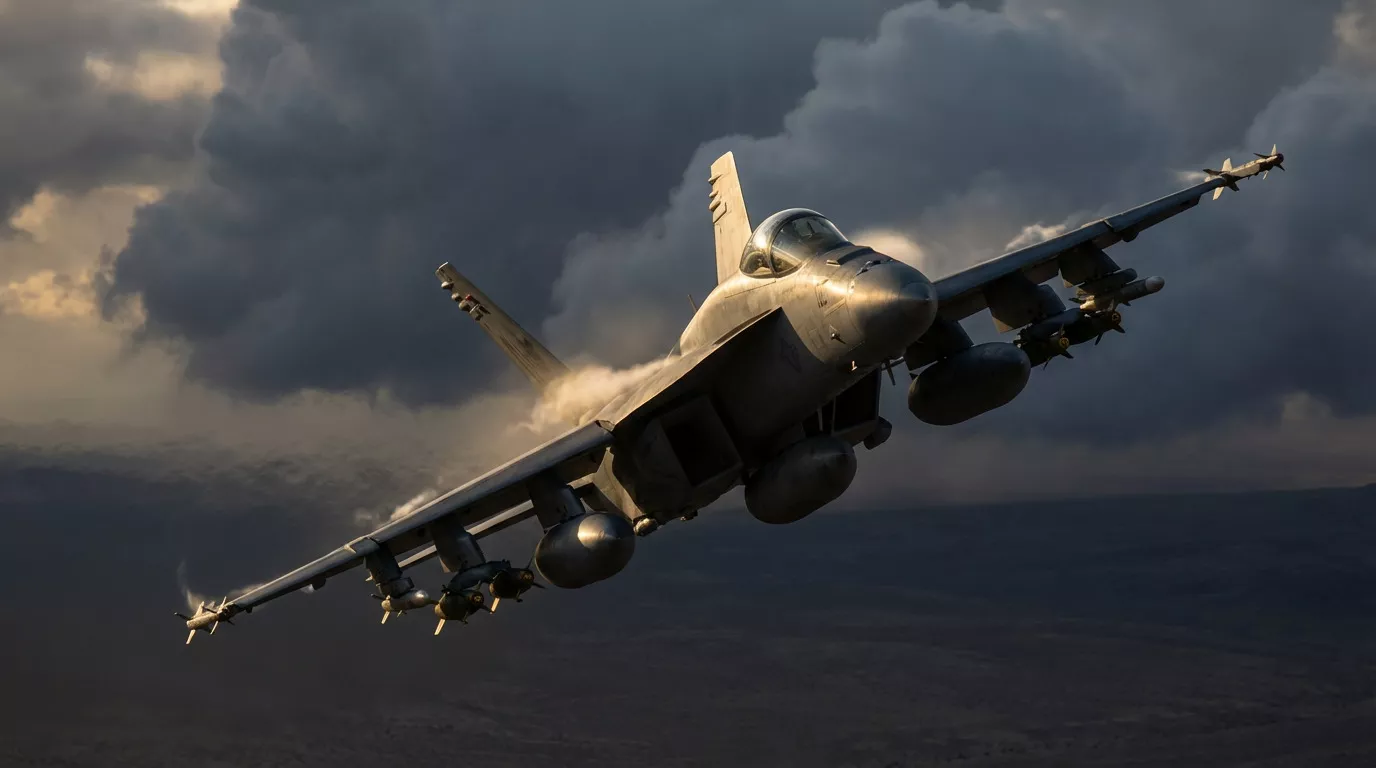 Samolot myśliwski leci z dużą prędkością z pochylonymi skrzydłami, przecinając gęste chmury. W tle widać ciemne, burzowe niebo i niewyraźny krajobraz.