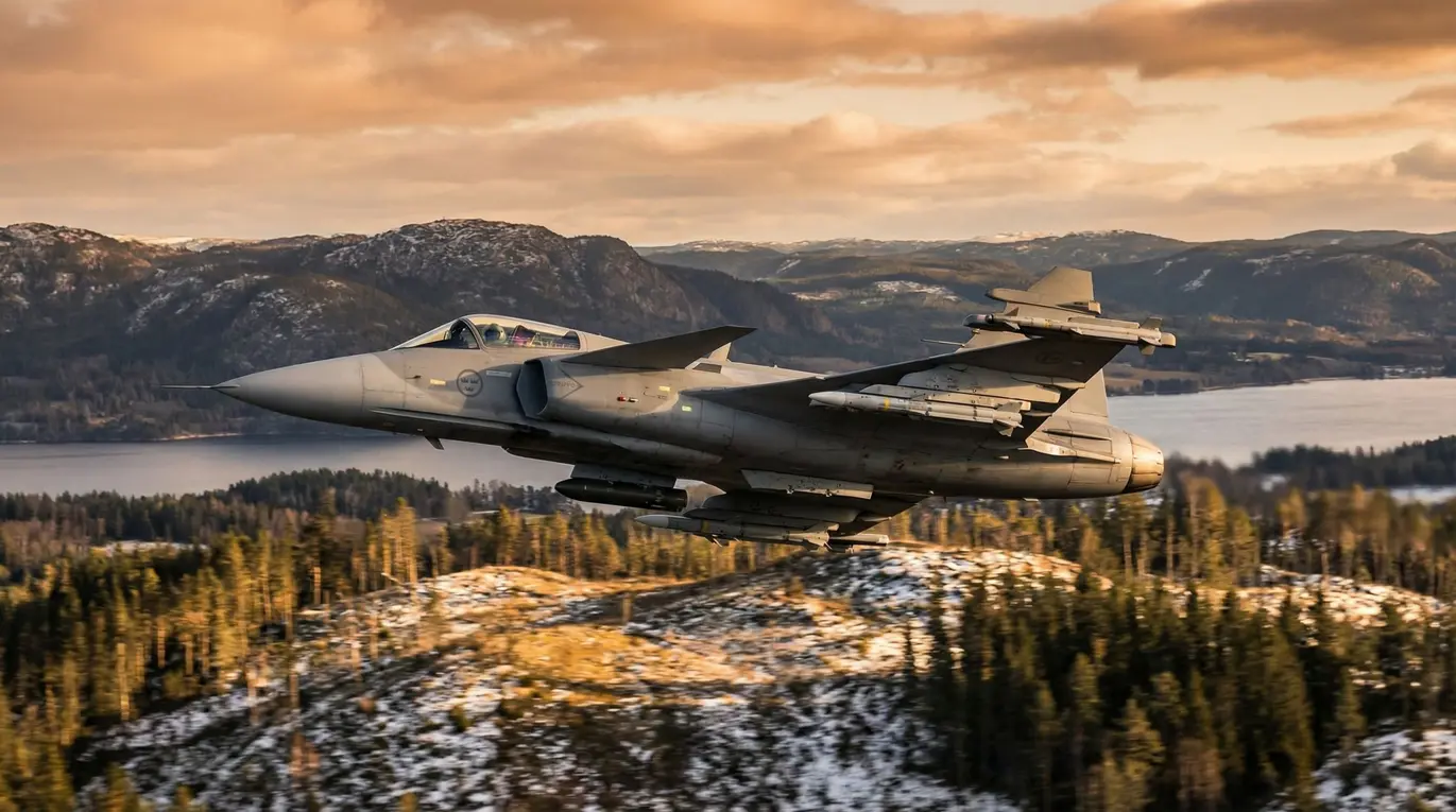 Myśliwiec odrzutowy przelatuje nad zalesionymi wzgórzami, pokrytymi śniegiem. W tle rozciągają się góry oraz jezioro, a zachód słońca nadaje scenie ciepły, złocisty kolor.