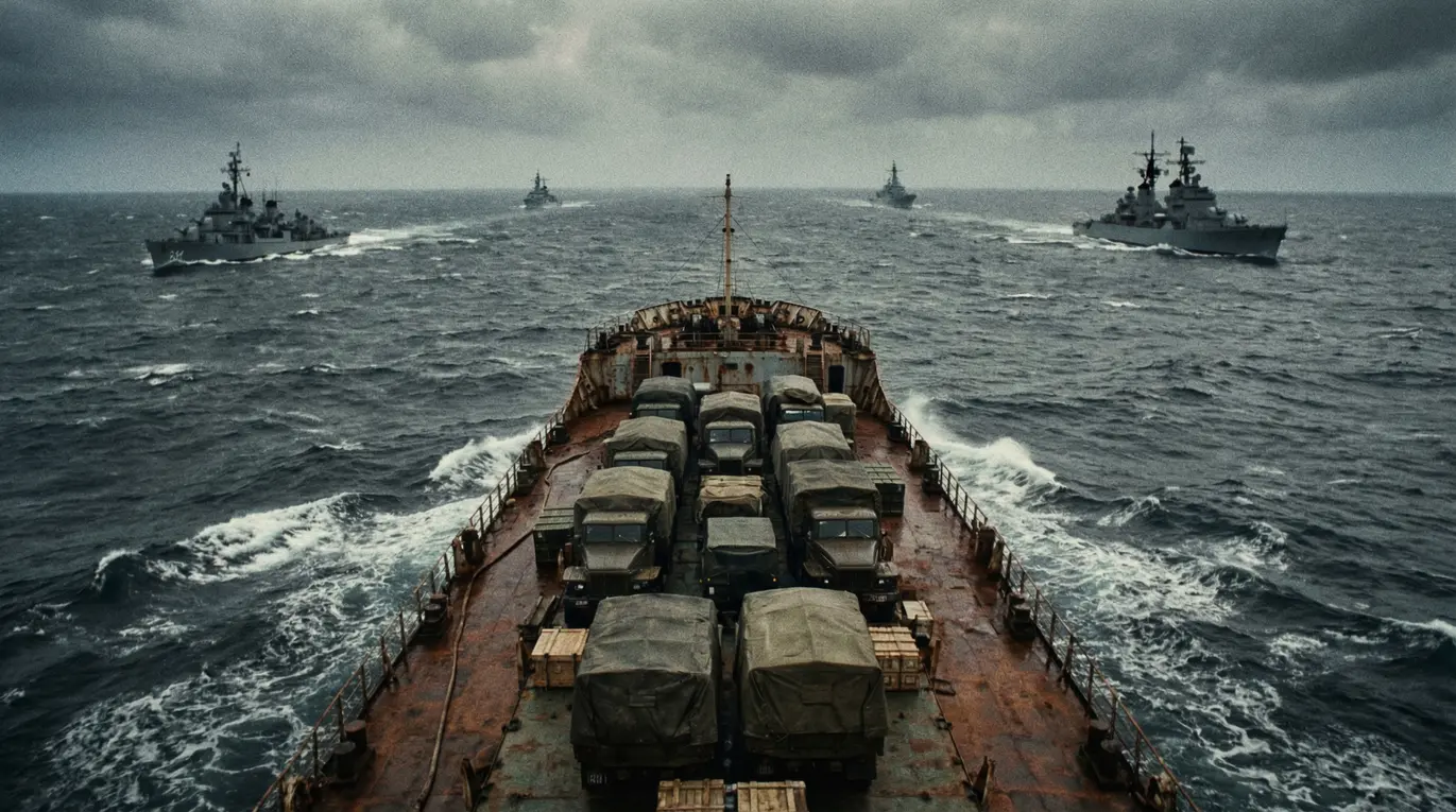 Statek transportowy przewozi ciężarówki przez wzburzone morze. W tle płyną okręty wojenne. Niebo jest pochmurne, co potęguje dramatyczny nastrój.