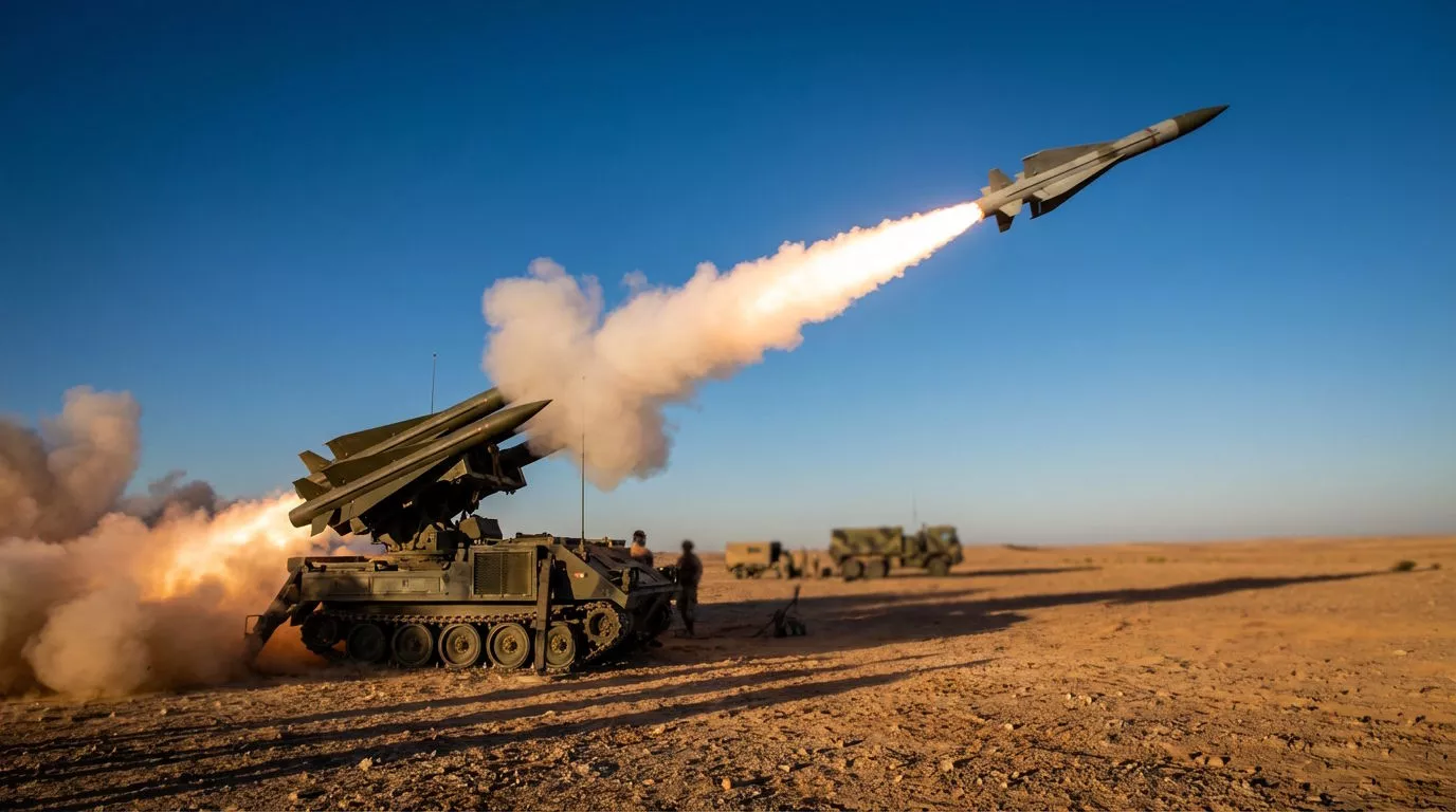 Rakieta startuje z wyrzutni umieszczonej na opancerzonym pojeździe, zostawiając za sobą ognistą smugę. Dookoła roztacza się pustynny krajobraz pod błękitnym niebem.