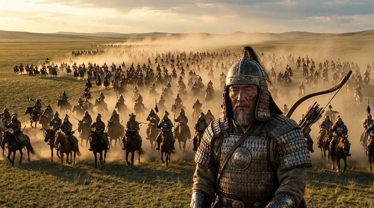 Wojownik w zbroi na czele konnej armii, przemieszczający się przez trawiastą równinę, podnosząc kurz w promieniach zachodzącego słońca.