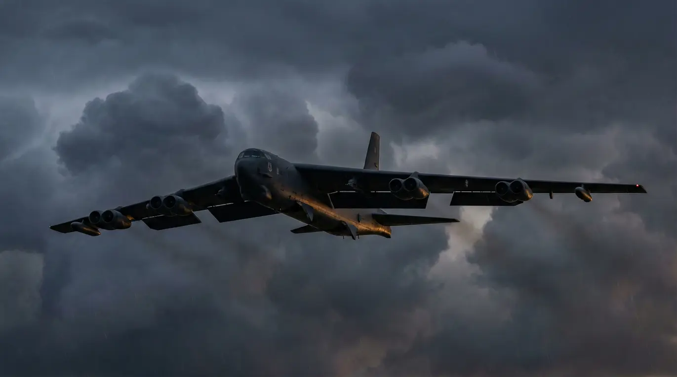 Samolot wojskowy leci przez burzowe niebo, otoczony ciemnymi chmurami, tworząc dramatyczną atmosferę.