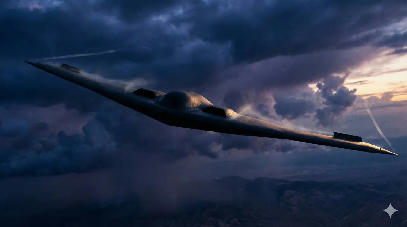 Samolot o futurystycznym kształcie leci przez burzowe niebo. W tle widać ciemne chmury, które tworzą dramatyczny, tajemniczy nastrój.