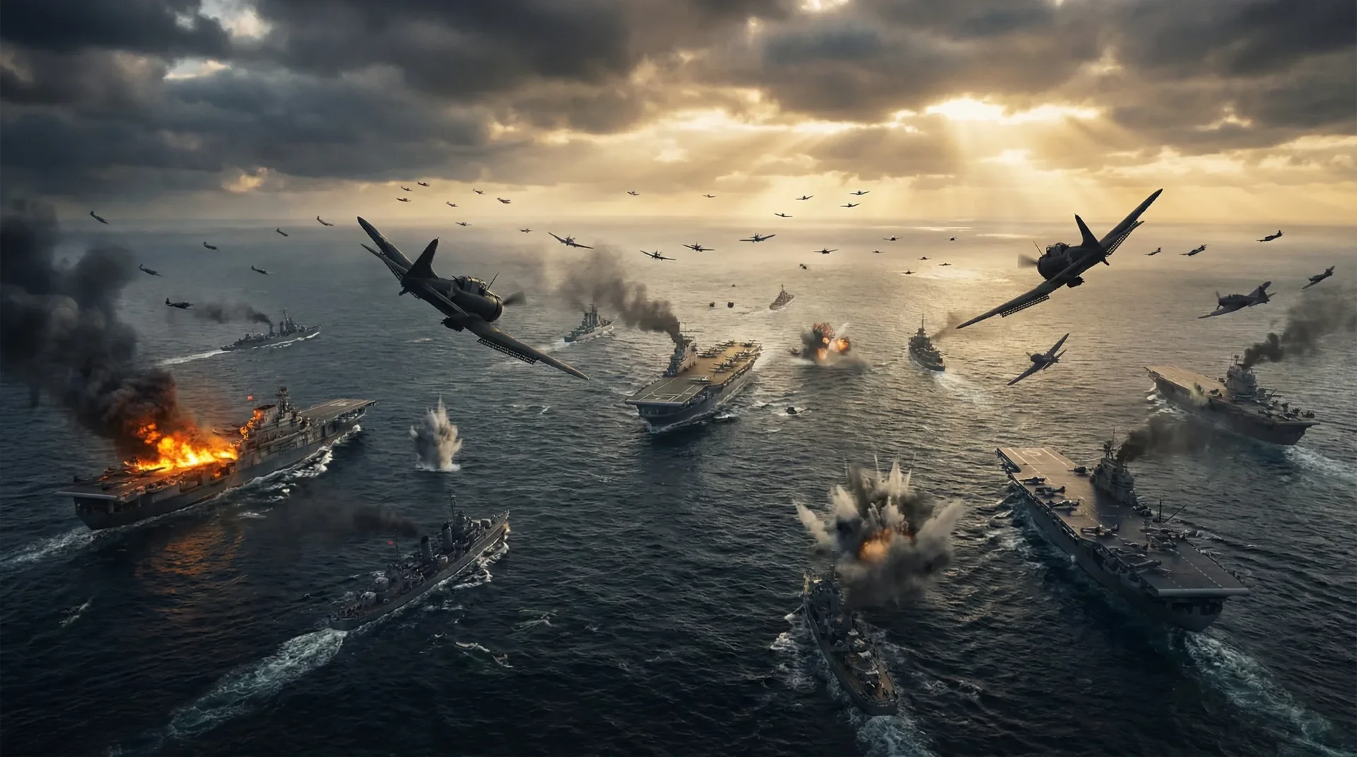Samoloty atakują okręty wojenne na wzburzonym morzu. Dwa lotniskowce płoną, a niebo pełne jest dymu i eksplozji. Dramatyczna scena bitwy morskiej przy zachmurzonym niebie.