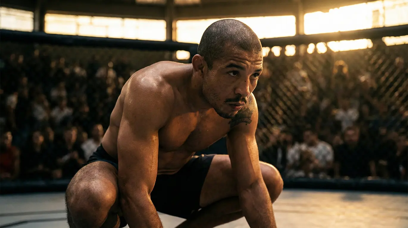 Zawodnik w pozycji klęczącej, skupiony, przygotowuje się do walki. Otoczenie to klatka do MMA, w tle widownia obserwująca wydarzenie.