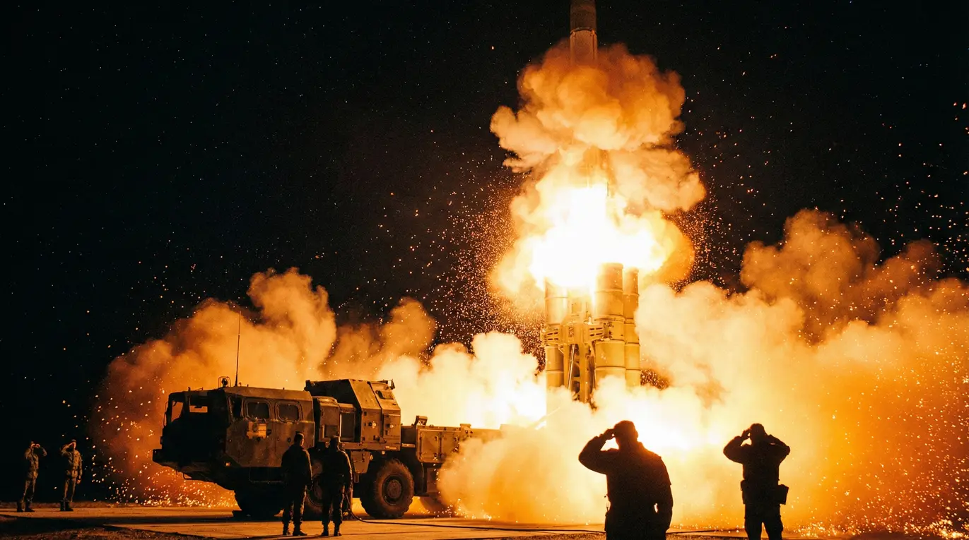 Rakieta startuje w nocy z platformy, otoczona wybuchami ognia i dymu. Obok stoi pojazd ciężarowy, a kilku ludzi salutuje w ciemnym otoczeniu.