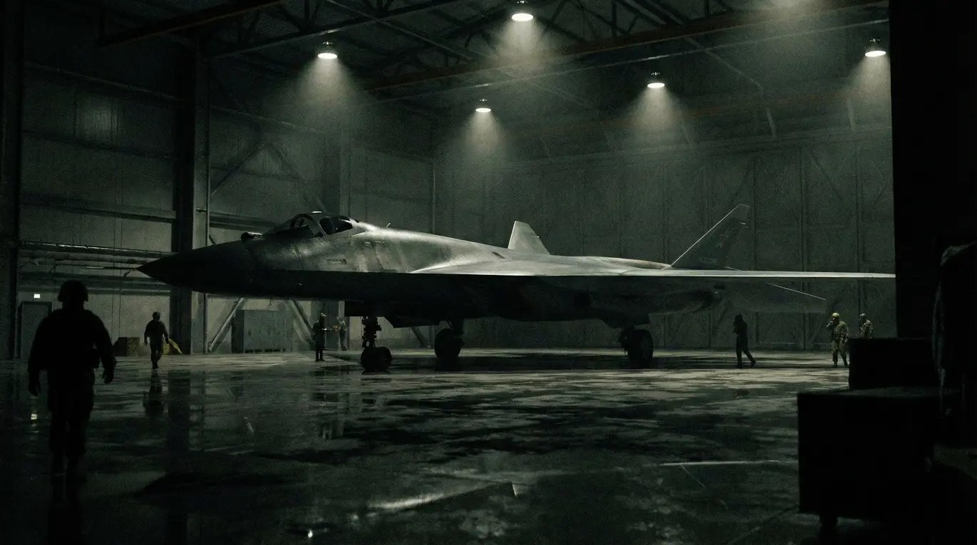 Samolot stoi nieruchomo wewnątrz ciemnego hangaru, oświetlony kilkoma reflektorami. Wokół niego poruszają się sylwetki kilku osób, tworząc dynamiczny, wojskowy nastrój.