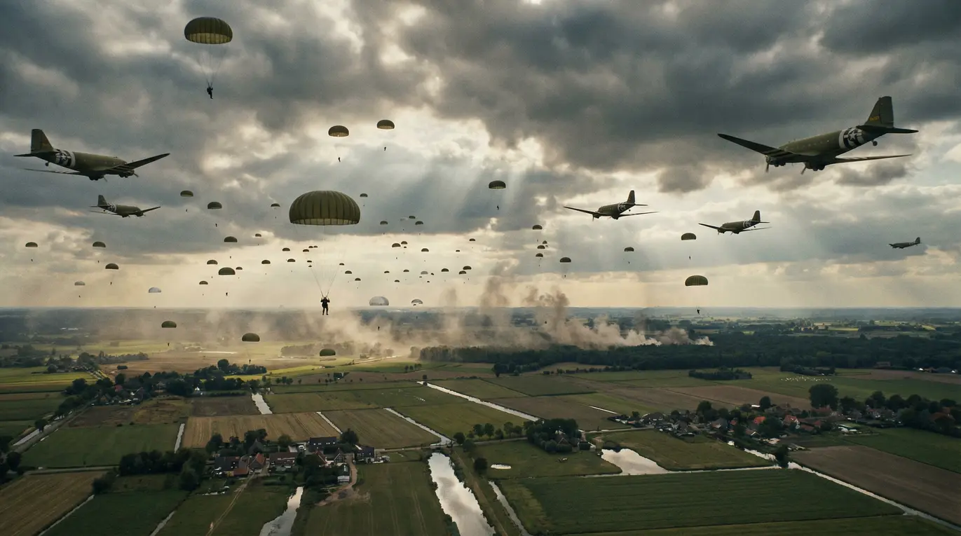Żołnierze alianccy w trakcie desantu powietrznego w Holandii
