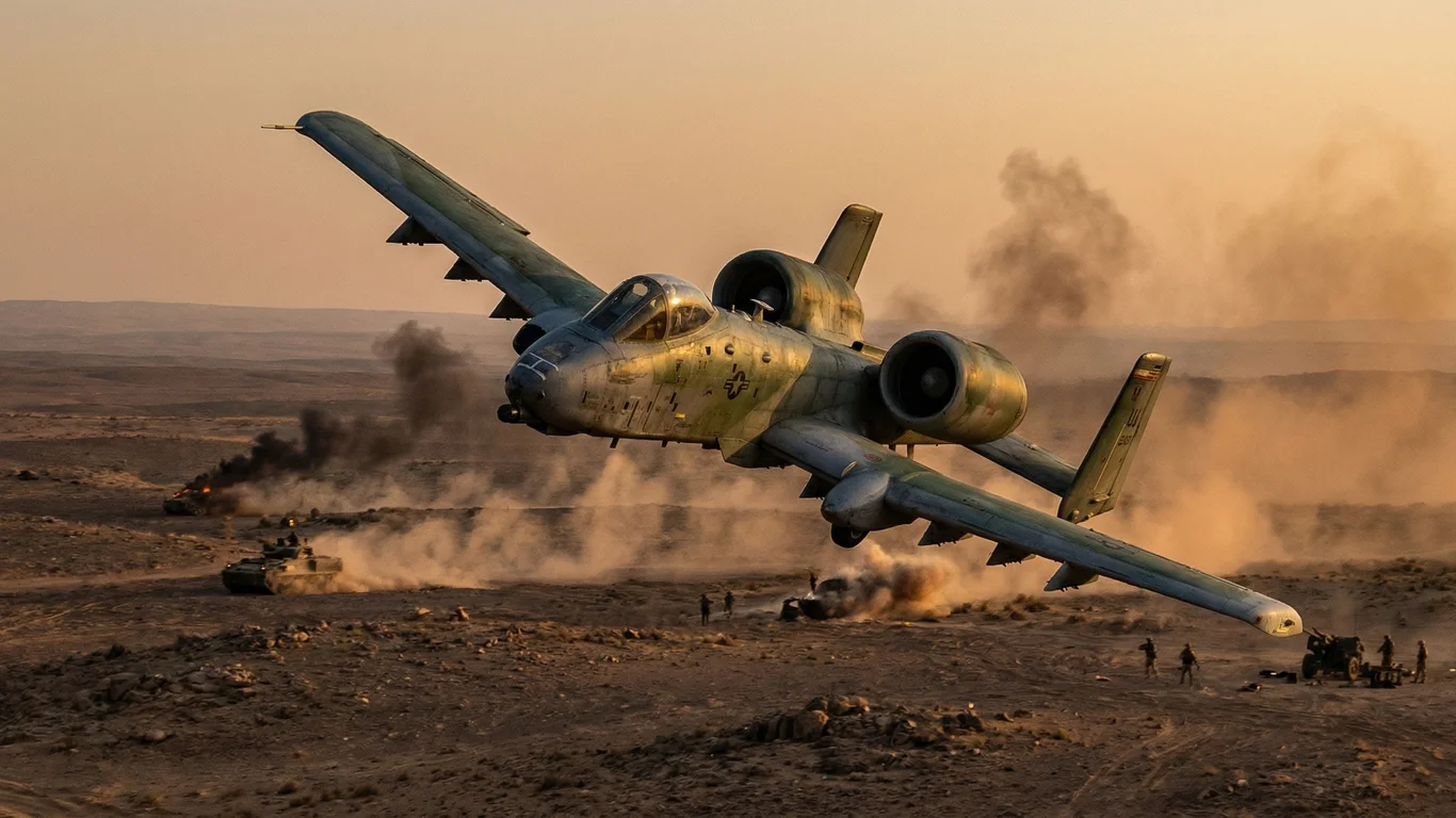 Samolot wojskowy A-10 Thunderbolt II leci nisko nad pustynnym terenem. Dookoła unosi się dym, a w tle widać płonące pojazdy. Obok nich poruszają się żołnierze.