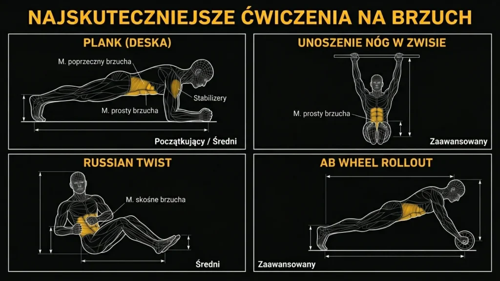 Infografika przedstawiająca najskuteczniejsze ćwiczenia na brzuch — plank, unoszenie nóg w zwisie, Russian Twist i Ab Wheel