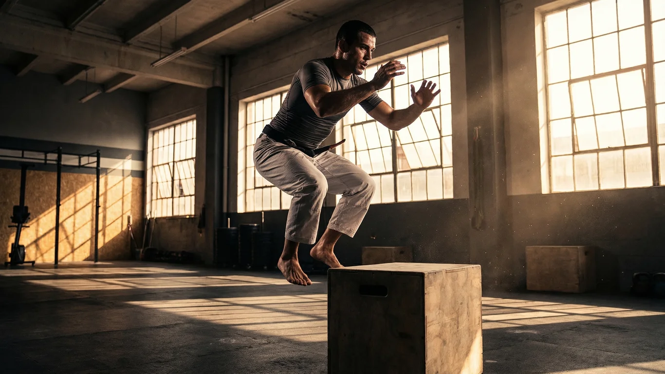 Mężczyzna w sportowym stroju skacze na drewnianą skrzynię w przestronnej, jasnej sali gimnastycznej o dużych oknach. Promienie słońca tworzą wzory na podłodze.