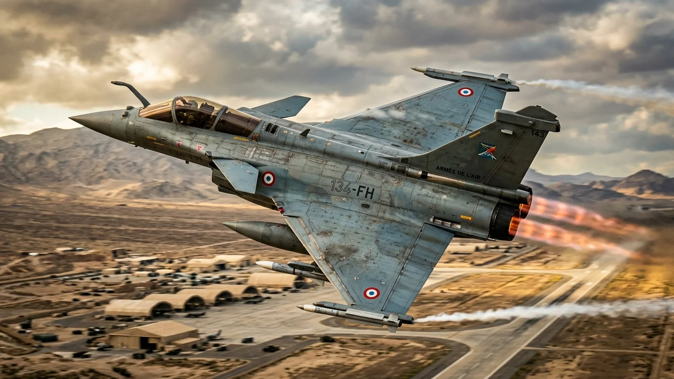 Samolot myśliwski z napisem „ARMÉE DE L’AIR” i „134-FH” leci nad pustynnym terenem, z widoczną bazą wojskową poniżej. Widać ogień z silników odrzutowych.