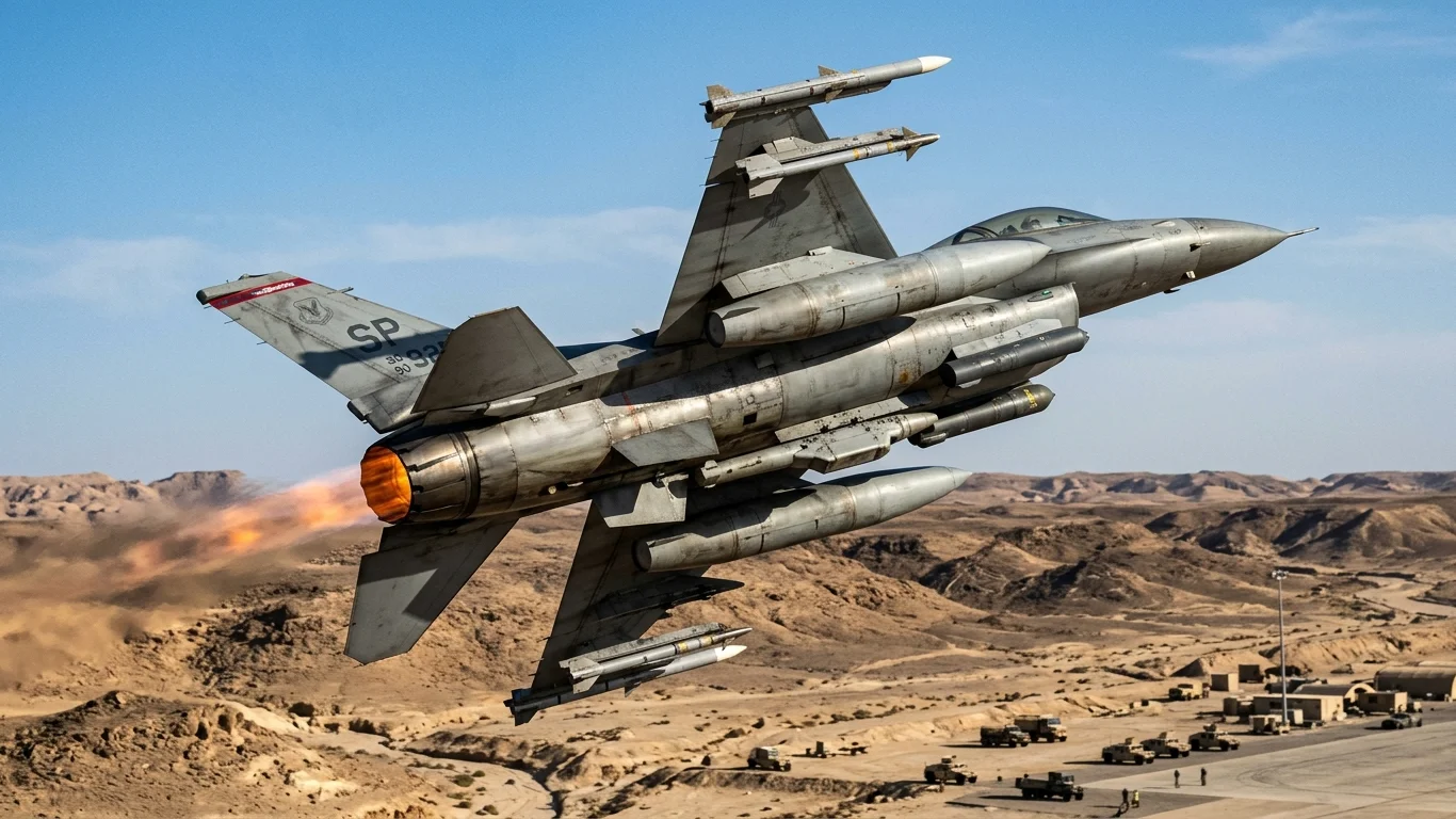 Myśliwiec w locie z widocznym płomieniem z silnika, nad pustynnym krajobrazem z budynkami i pojazdami. Na skrzydle oznaczenie: „SP”.