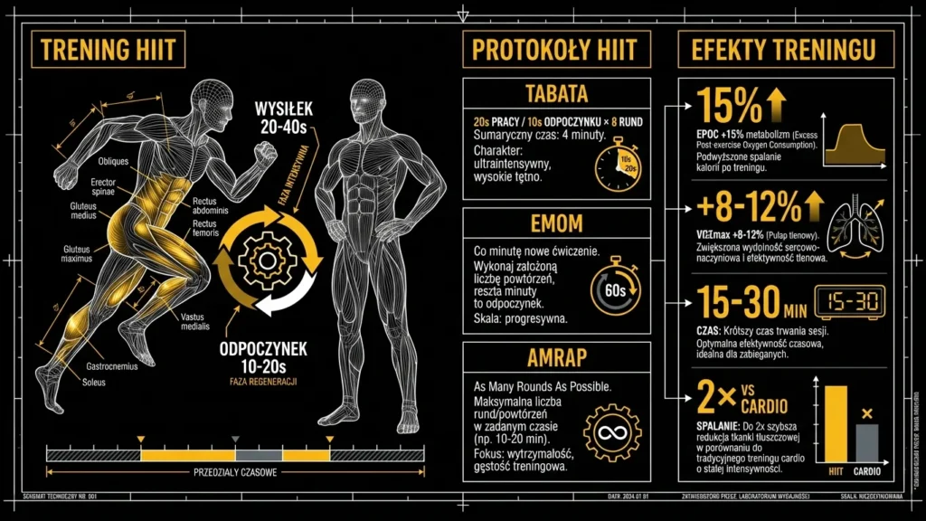 Infografika HIIT – protokoły treningowe Tabata, EMOM, AMRAP i efekty treningu interwałowego