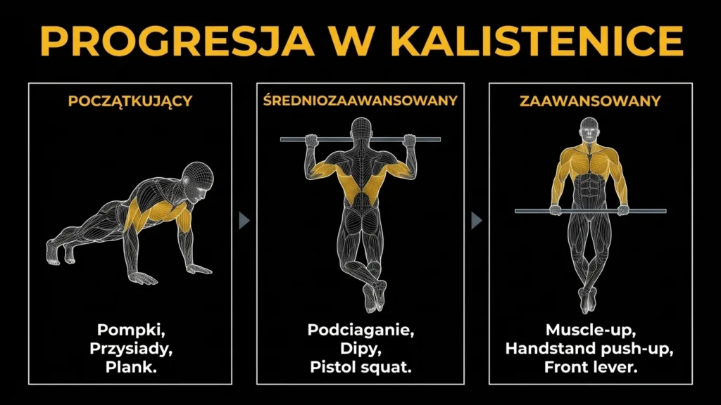 Infografika progresji w kalistenice — od początkującego do zaawansowanego