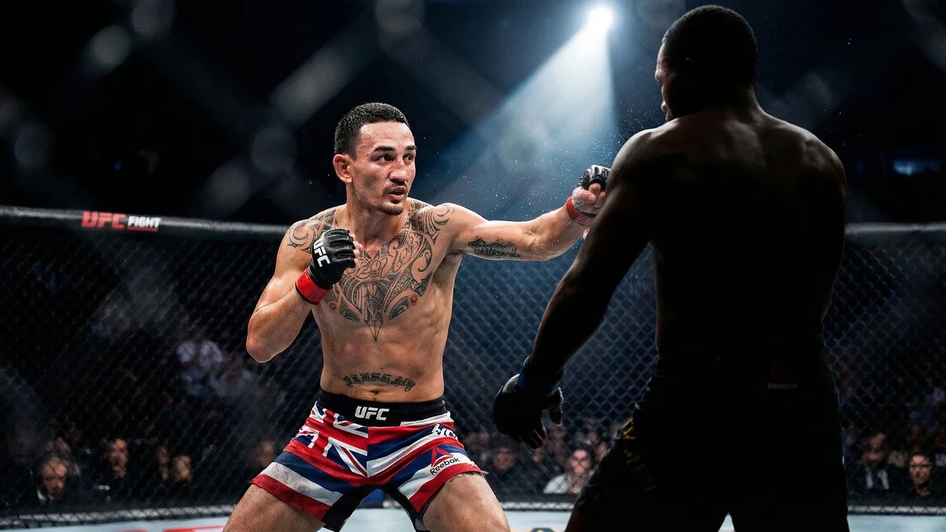 Zawodnik MMA z tatuażami uderza przeciwnika na ringu. Na granatowych spodenkach widać motyw flagi. W tle publiczność i oświetlenie. Napis "UFC Fight" na bandzie.