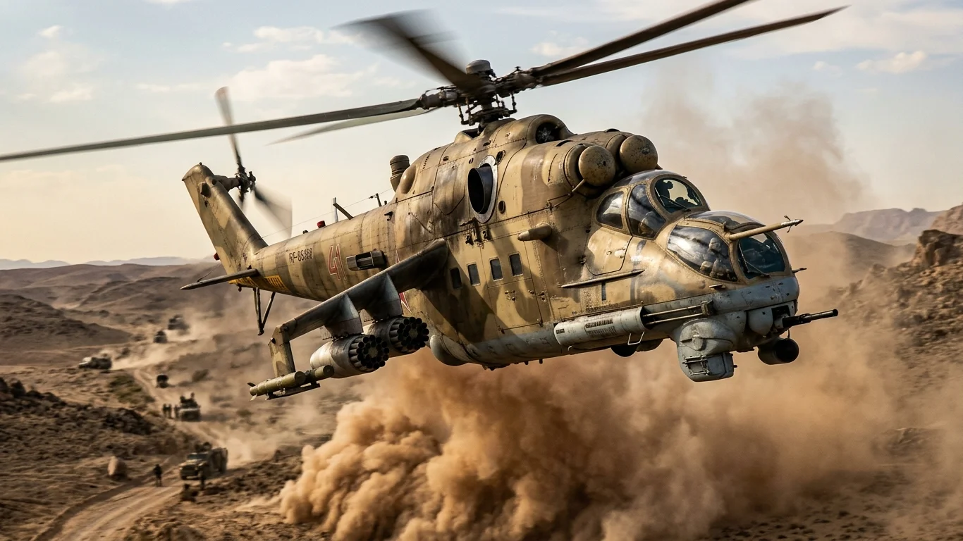 Śmigłowiec bojowy Mi-24 unosi się nad pustynnym terenem, wzbijając kurz. W tle widoczne są wojskowe pojazdy poruszające się po nierównym, górzystym krajobrazie. Tekst na śmigłowcu: "RF-95468".