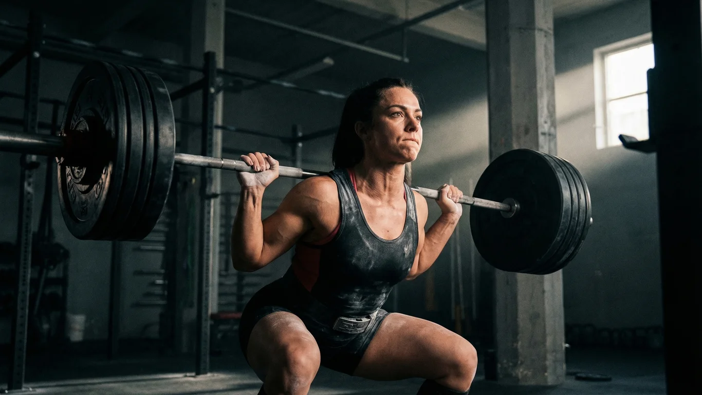 Kobieta podnosi sztangę w pozycji przysiadu. Znajduje się w siłowni, oświetlonej światłem wpadającym przez okno, otoczona sprzętem treningowym.