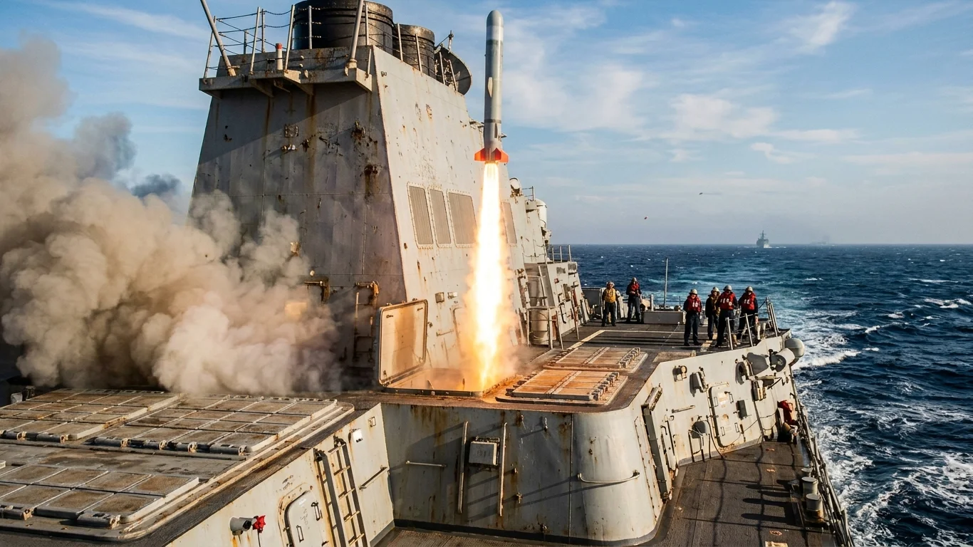 Rakieta startuje z pokładu okrętu wojennego, otoczona płomieniem i dymem. Grupa marynarzy obserwuje zdarzenie na tle otwartego morza.