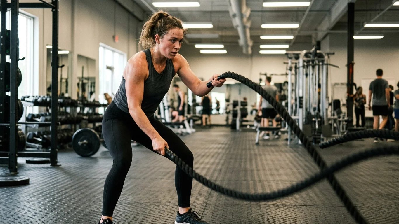 Kobieta intensywnie macha linami w siłowni, skupiając się na treningu. Otacza ją przestronne pomieszczenie z innym sprzętem i ćwiczącymi osobami w tle.