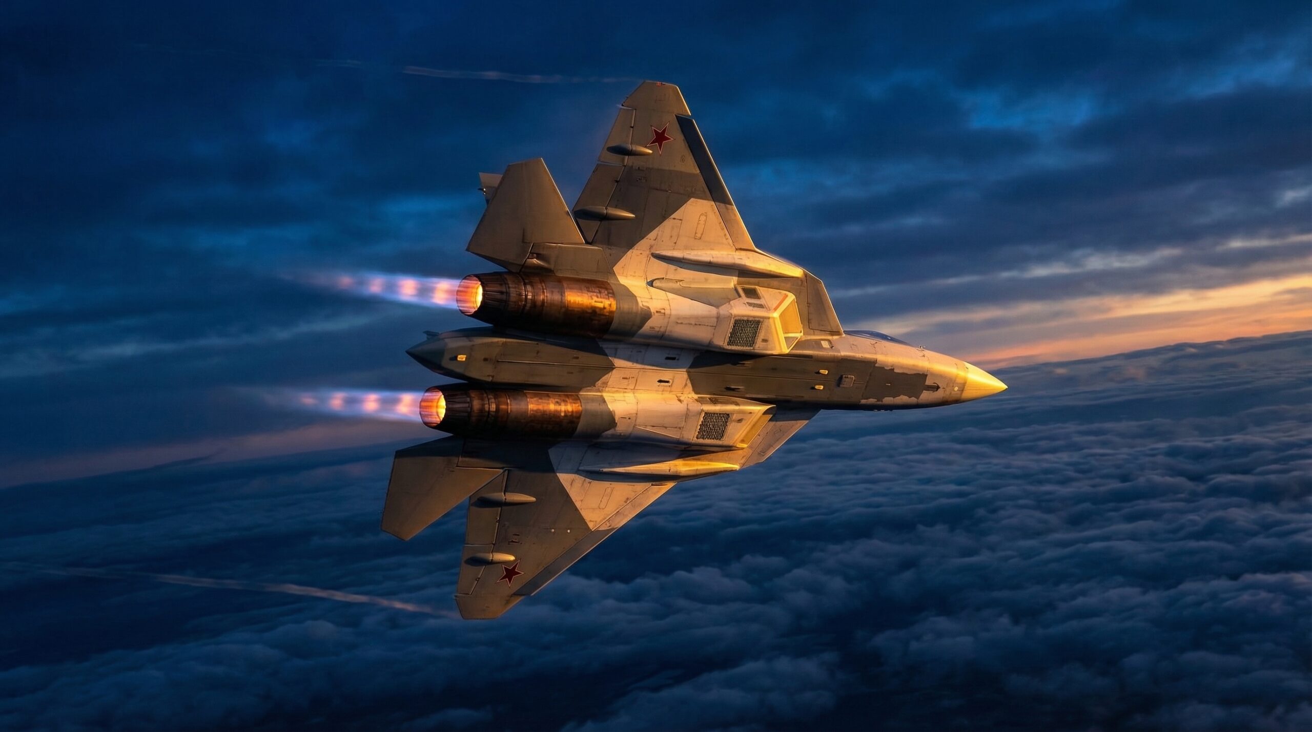 Samolot myśliwski leci nad chmurami na wysokości, z płonącymi silnikami. Otoczenie to niebo w barwach zachodzącego słońca, tworzące dynamiczną scenerię.