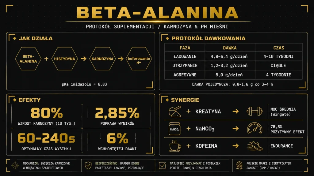 Infografika beta-alanina – mechanizm karnozyny, protokół dawkowania, efekty i synergie z kreatyną oraz wodorowęglanem sodu
